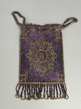 Antique Victorian Violet  Gold Micro Beaded Draw String Handbag 1920  s 6"