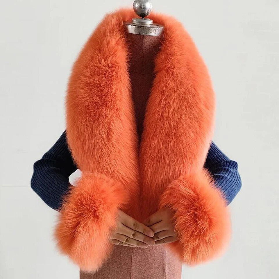 Women's Winter Real Fox Fur Collar Scarf Warm Scarves Shawl Wrist Cuffs One Set - Image 2 of 4