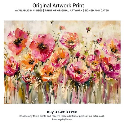 Wildblumen Blumen auf mattem Papier | Rosa Blumen Wandbild | Kaufen Sie 3 erhalten Sie 3 gratis