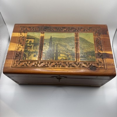 Vintage Carved Wooden Cedar Jewelry Keepsake Box Inside Mirror