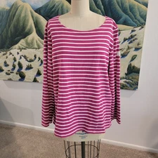Joules Harbour Top US 16 Pink Striped 100% Cotton Long Sleeve Round Neck Basic