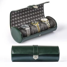 DUKWIN Vegan Leather Triple 3 Watch Roll for Men Women Travel Case Storage Green