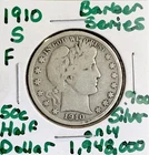 1910-S Barber Half Dollar .900 Silver Better Semi Key Date - Only 1.948,000