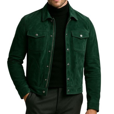 Men's Genuine Suede Leather Trucker Jacket Green Casual Western Classic Coat