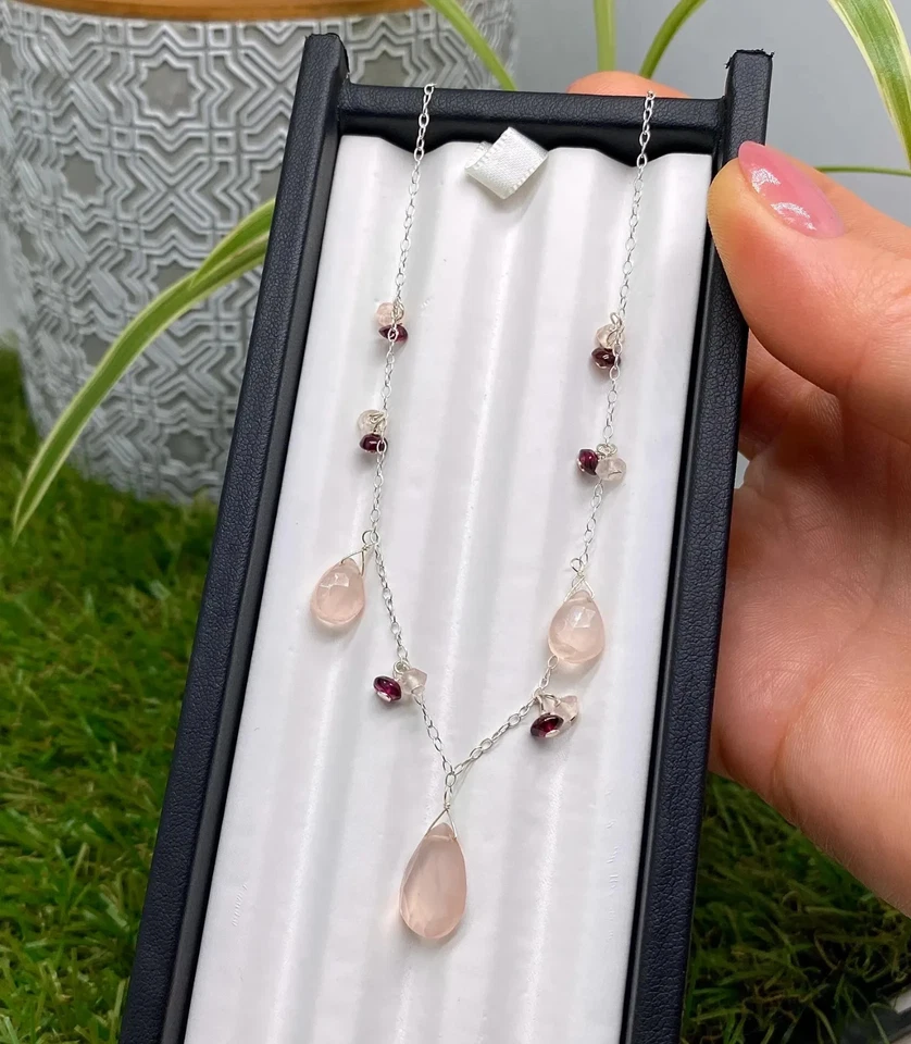 Collar de cuarzo rosa briolette natural y rodolita, plata 925. 18 pulgadas Foto 2 de 4