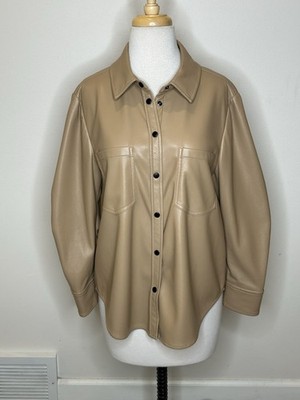 Jonathan Simkhai Classic Tan Vegan Leather Shirt Jacket Size M Snap Front