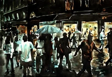 A3 Watercolor Fine Art Print - Rainy Night City Crowd Limited 100 - Signed