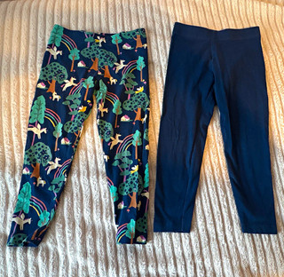 M&S Girls 2 Leggings Navy/unicorn Ankle Stretch Elastic 3 4Y