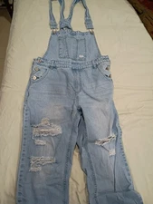 Womens Bib Overalls Denim Distressed Size Small Light Wash Straight Leg