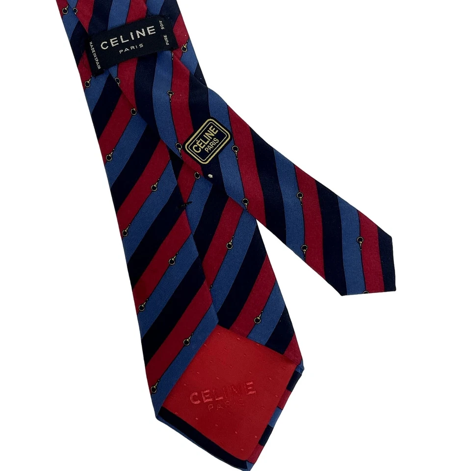 Celine Paris Luxury Designer Necktie Gold Red Blue Striped Logo Repp - Image 3 of 4