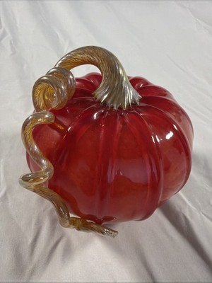 Hand Blown Red Glass Pumpkin With Shiny Spiraling Stem. Etched By Artist 2006