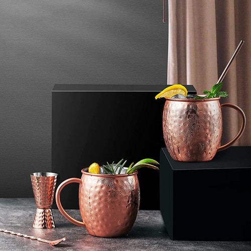 4Pack Copper Moscow Mule Mugs Set 16OZ with Handles Straws Coasters Brush Kit - Picture 10 of 12