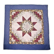 Handcrafted 8 point Star Patchwork Quilt Blue, Floral Design Tab Top 37"x36.5"