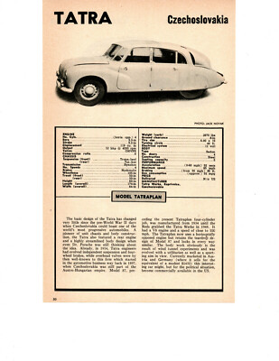 1954 TATRA MODEL TATRAPLAN ~ ORIGINAL SMALLER SPECS ARTICLE / AD