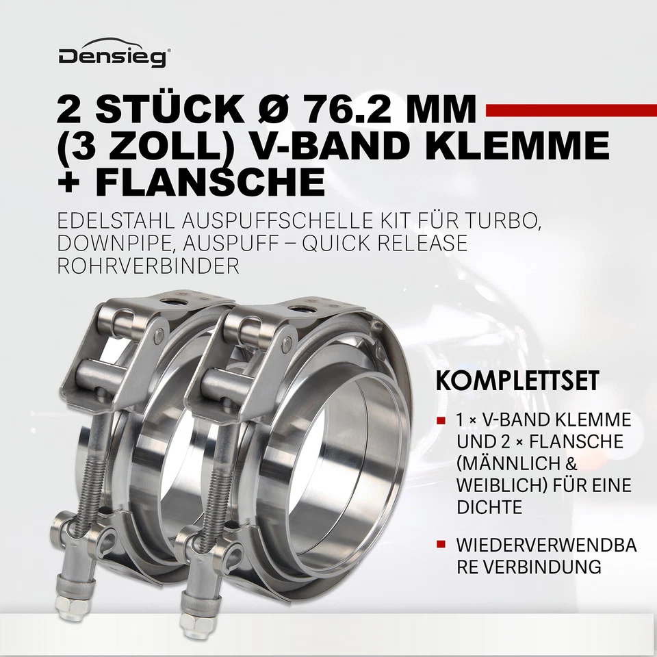 Densieg 2x V Band Schelle Flange Edelstahl 76mm 3 Zoll Auspuff Turbo Rohrschelle - Bild 3 von 4