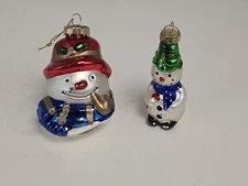 Vintage Blown Glass Snowman Head and Small Frosty Christmas Tree Ornament 3 1/2”