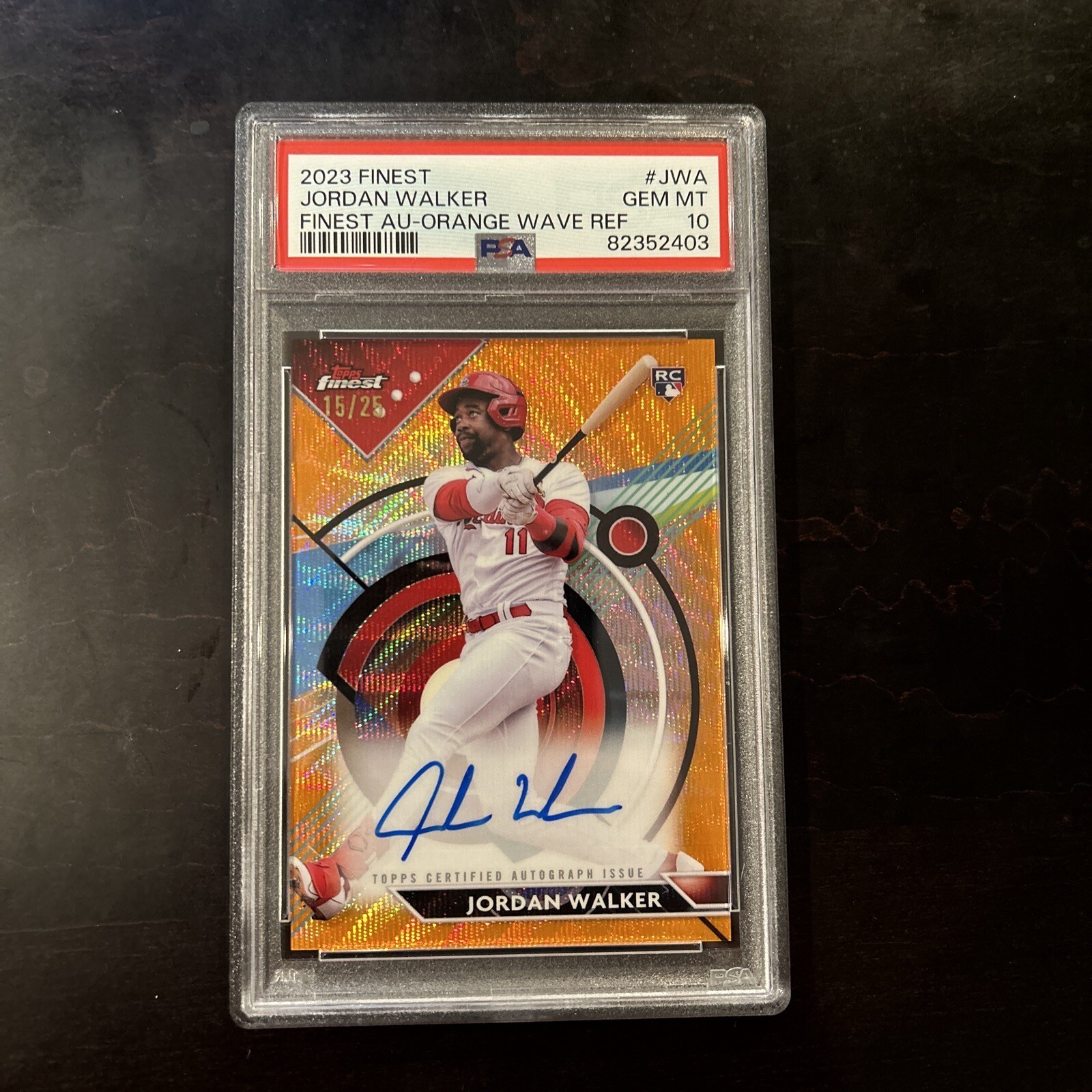 2023 Finest Jordan Walker Rookie Orange Wave Refractor Auto 15/25 PSA 10 Gem Mt