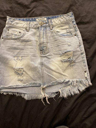 One Teaspoon light wash raw edge 2020 mini skirt, high waist fitted, short, 28 6 - Picture 2 of 7