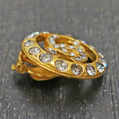 CHANEL Gold Plated CC Logos Rhinestone Round Vintage Clip Earrings