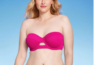 Shade & Shore Pucker Textured Light Lift Bandeau Bikini Top 34DD Underwire Pink