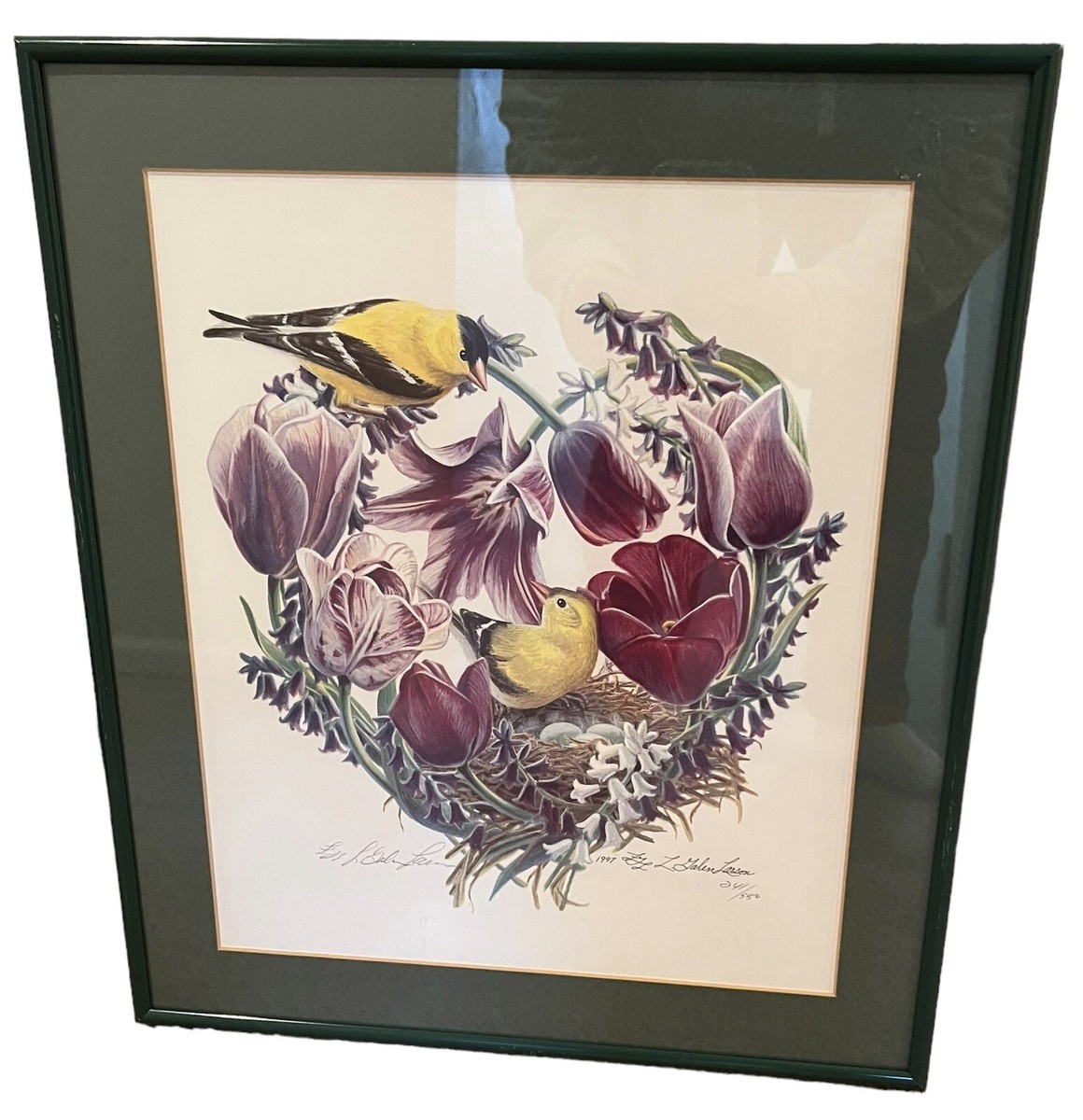 Original Painting Tulip Flower Bird Goldfinch Nest Signed Art G