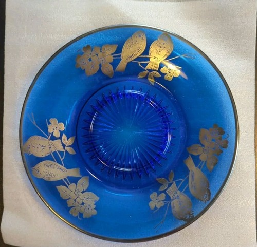 Vintage Cobalt Blue Depression Glass Plate w/Sterling Silver Lovebirds Overlay