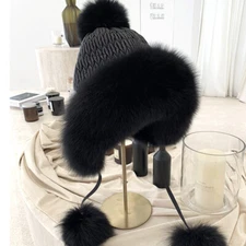 Women Real Fox Fur Hat Winter Warm Earmuffs Hat Earflap Cap Pink Black Grey