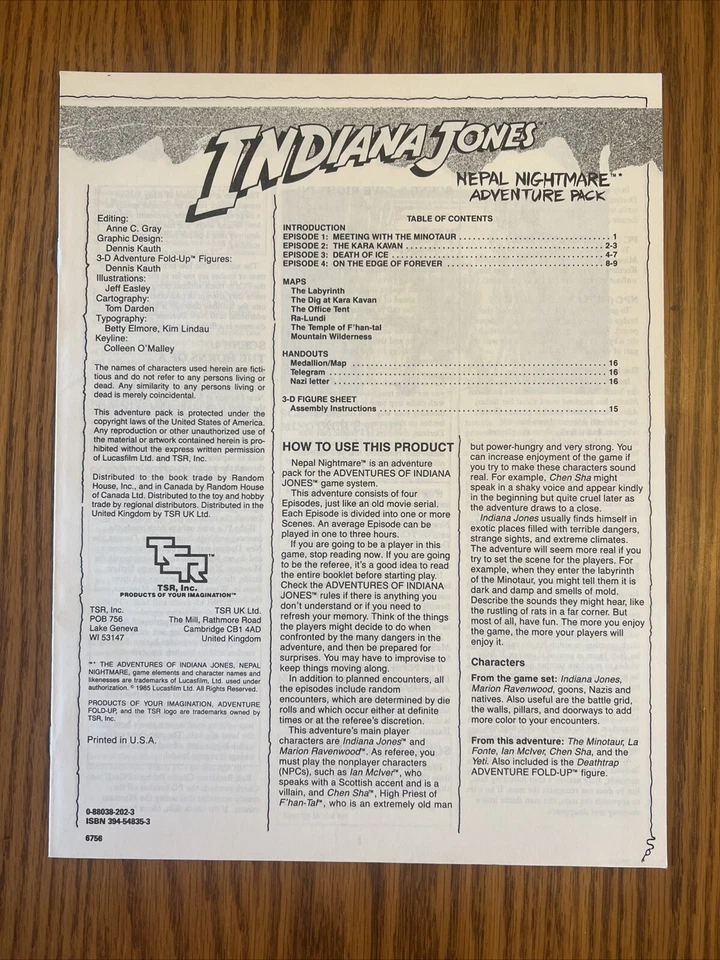 Indiana Jones TSR RPG Suplemento: Nepal Nightmare Adventure Pack (IJ5) - Sin usar Foto 4 de 4