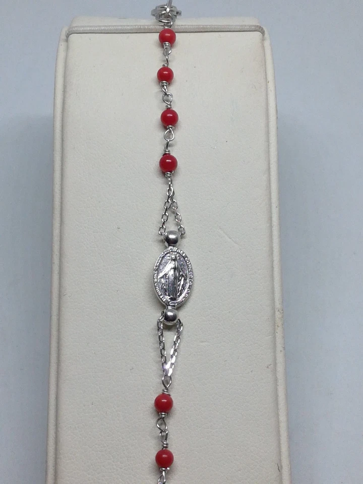 BRACCIALE DONNA ARGENTO ROSARIO GRANI CORALLO MADONNA MIRACOLOSA CROCE CM 21 - Immagine 3 di 4