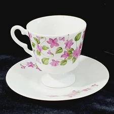 Bone China Teacup & Saucer White With Violet Flowers Footed Base Circa 1980s 