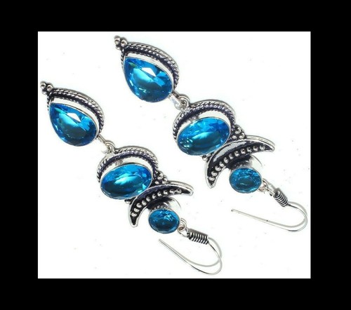 NEW - UNIQUE BLUE TOPAZ ANTIQUE SILVER MOON DANGLE DROP HOOK EARRINGS - Picture 2 of 3