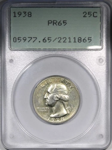 1938 Proof Washington Quarter PCGS PR65 OGH Old Green Rattler Holder