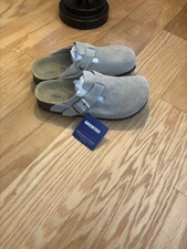 Birkenstock Boston Suede Clogs Womens Taupe Normal Soft Footbed Sandals