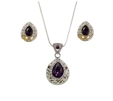 Purple amethyst crystal pendant necklace and earring set in teardrop shape - New