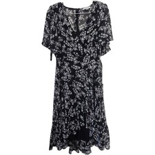 Calvin Klein Floral Flutter Sleeve Faux Wrap Midi Dress Black White Sz 4