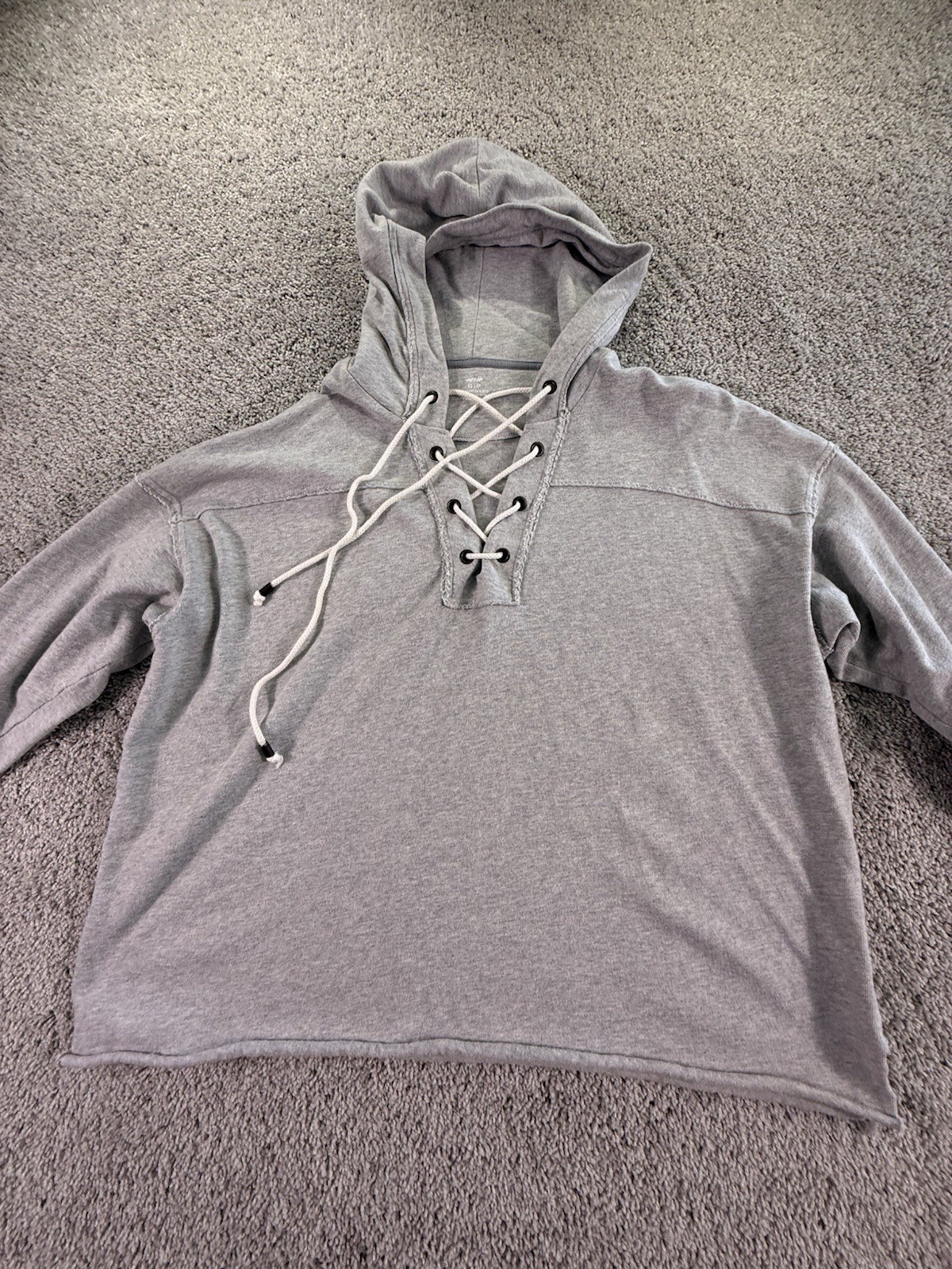 Aerie Oversized Gray Lace Up Raw Hem Sweatshirt Hoodie Size XS