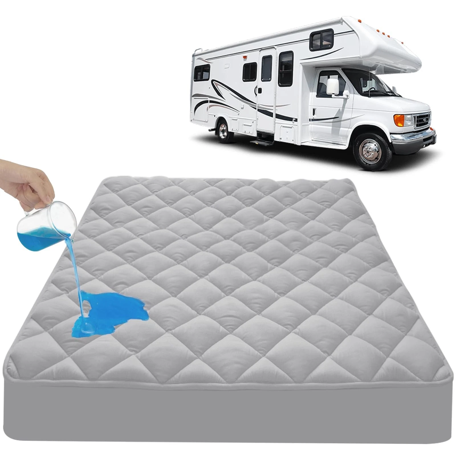 RV Short Queen Mattress Pad 60"x75" Waterproof Quilted, Fits Up to 20" Depth