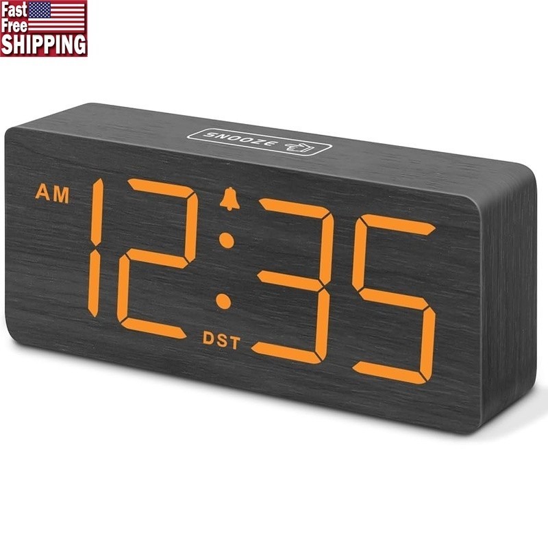 Wooden Digital Alarm Clock Large Display Loud Alarm Snooze Dimmer Volume Control