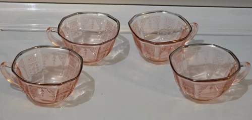 Set of 4 Anchor Hocking Princess Pink Depression Glass Tea Cups w/Silver Rims