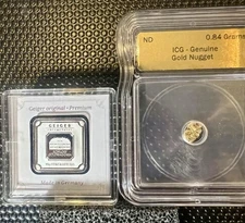 ICG Certified 0.84g Natural Gold Nugget and Geiger 10g Silver Bar Bundle 