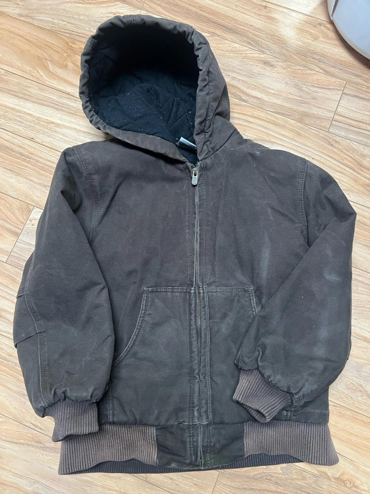10/12 Youth Carhartt Brown Distressed Faded Work Jacket outdoors Shell Lining