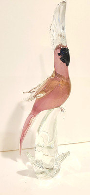 Large Murano Art Glass Cockatoo Sculpture Parrot Pink Gold Flecks Vintage 15.5''