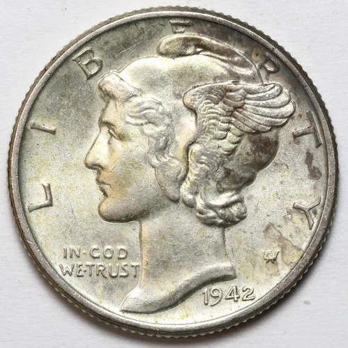1942 10c Mercury Silver Dime Uncirculated - RAW - Light Toning / Great Luster