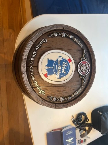 Vintage Pabst Blue Ribbon Beer Barrel End Keg PBR 16" Hanging Wall Sign Bar 2
