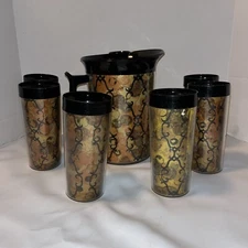 Vintage West Bend Thermo Serv Set Of 6  Tumblers And Pitcher Gold And Black
