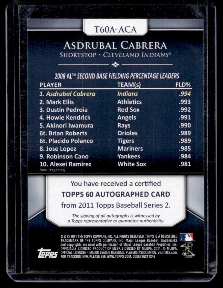 2011 Topps 60 Autographs Asdrubal Cabrera Auto Cleveland Indians #T60A-ACA - Image 2 of 2
