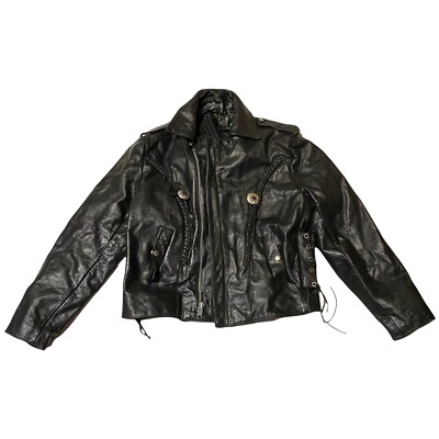 Vintage Hudson Leather Womens 42 Black Biker Jacket Coat Lace Sides Fringe 