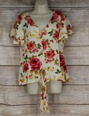Vine & Love Womens Size Small Large Floral Short Sleeve Blouse Top Ivory Pink