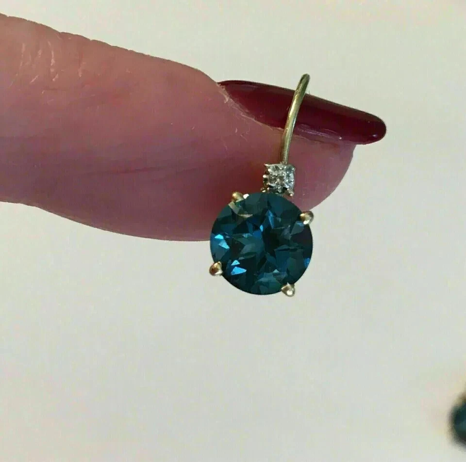 Drop Gift Earring 14K Yellow Gold Plated 2Ct Round Lab Created London Blue Topaz - Image 3 of 4
