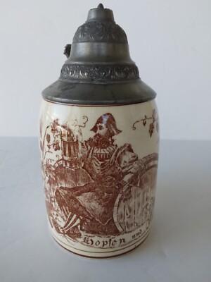 Antique HOPFEN UND MALZ GOTT ERHALTS Lidded German Beer Stein Transferware